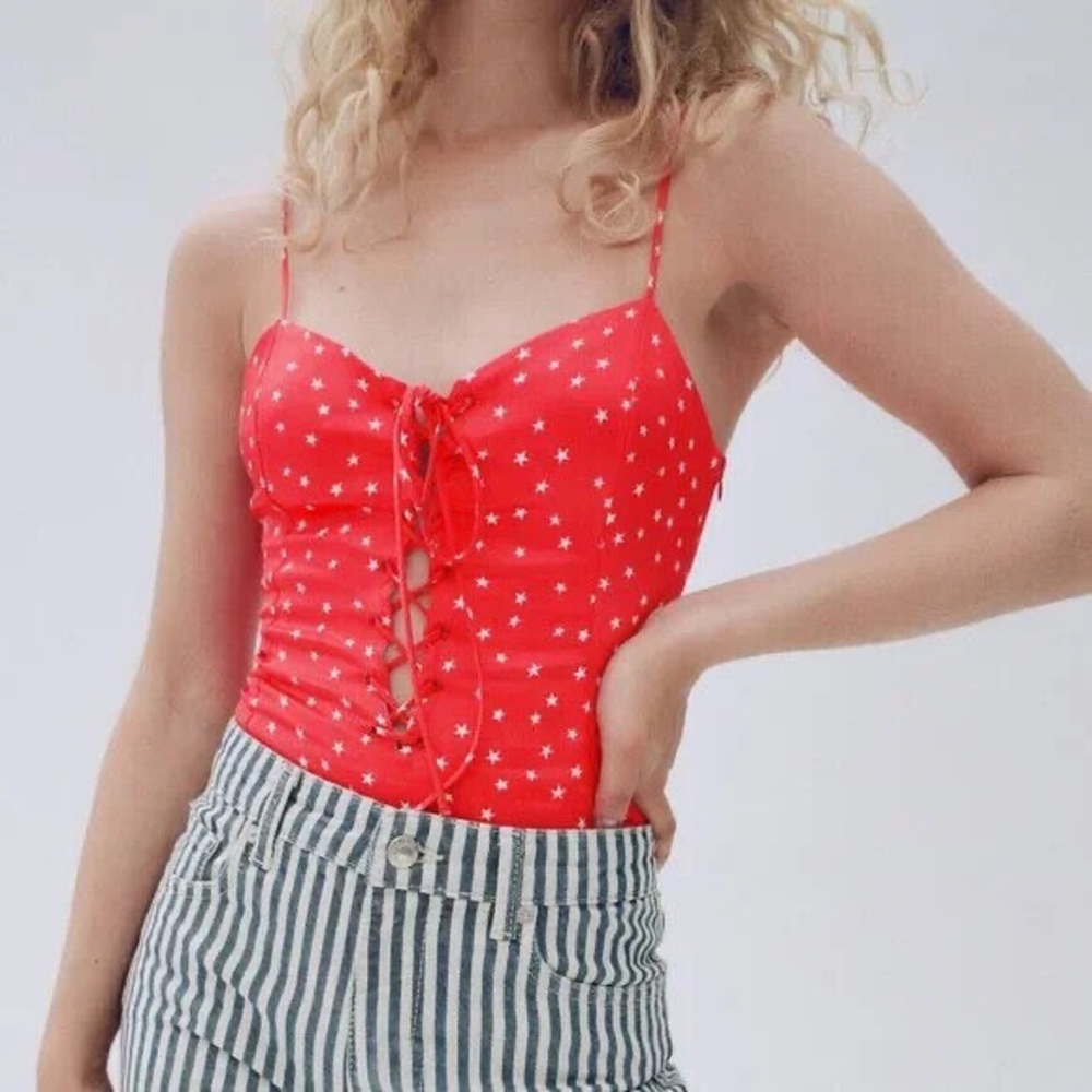 NWT Zara Red Star Print Lace-Up Bodysuit